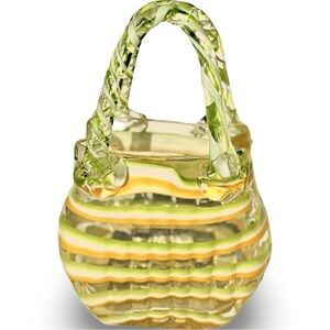 Murano Style Mint Green & Yellow Striped Glass Handbag Vase